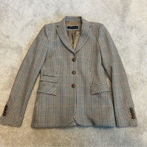 Zara tan brown houndstooth check plaid single breasted button front blazer Sz XS - Picture 9 of 15